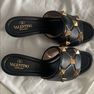 Valentino Garavani Black and Gold Rockstud Sandals